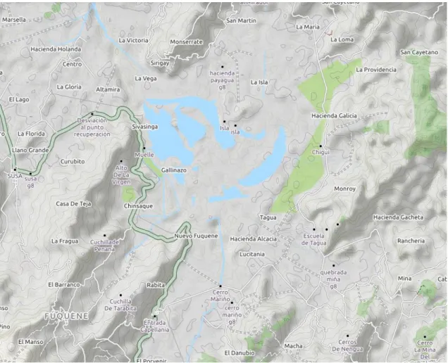 Ilustración 2. Curvas de nivel en la cuenca de la laguna de Fúquene  Fuente: Thunderforest – OpenCycleMap 