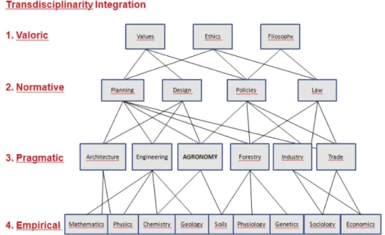 Figure 2. Transdisciplinary insertion of the profession and science of agronomy in the four hierarchical levels of  integration, according to Max-Neff (2005).