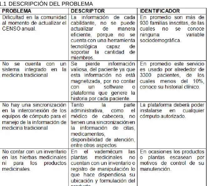 Tabla 1. Descriptor-identificador del problema 