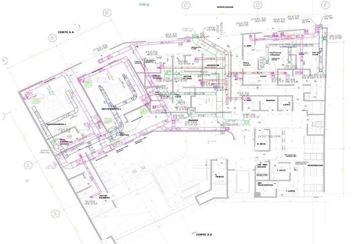 Figura 7. Plano ubicación de ductos – proyecto Clínica FUNDONAR  Fuente: [13] 