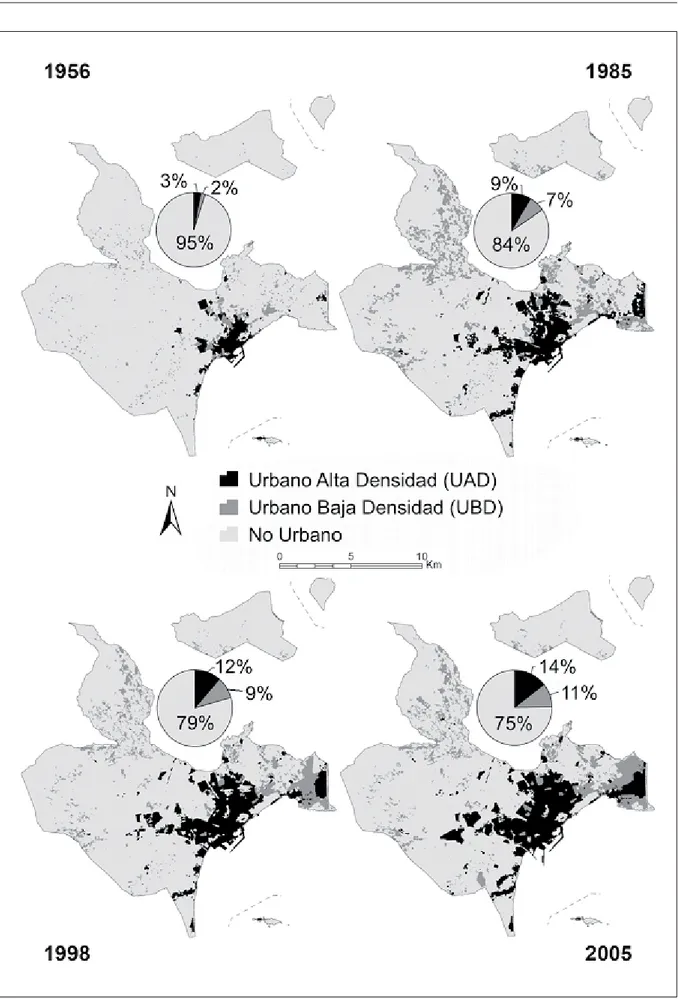 Figura 3.- Dinámica espacio-temporal (1956-2005) del crecimiento urbano  en el municipio de Alacant