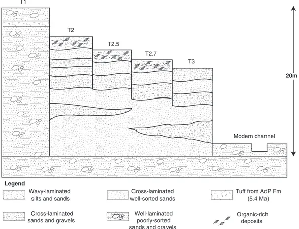 Fig. 2. Generalized stratigraphy of fossil ﬂuvial terraces found along inactive canyons from southern PDT basin (modiﬁed from Nester et al., 2007).