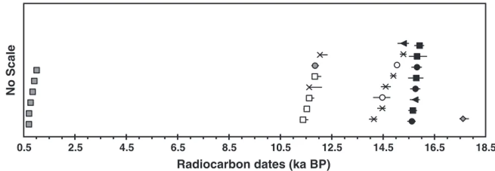Fig. 5. The distribution of 30 radiocarbon dates (in ka) on plant-remains from the southernmost PDT basin