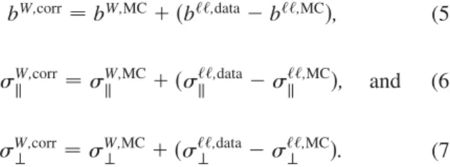 FIG. 2 (color online). (a) Parametrization of the recoil bias as a function of the vector boson transverse momentum, bðp W;Z T Þ, in W simulation (open squares, solid line) and Z simulation (solid circles, dashed line)