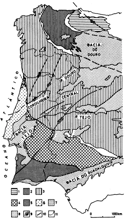Fig. 1. Unidades estruturais do ocidente peninsular (adaptado do Mapa Tectónico de la Península Ibérica y Baleares, 1972, muito simplificado).