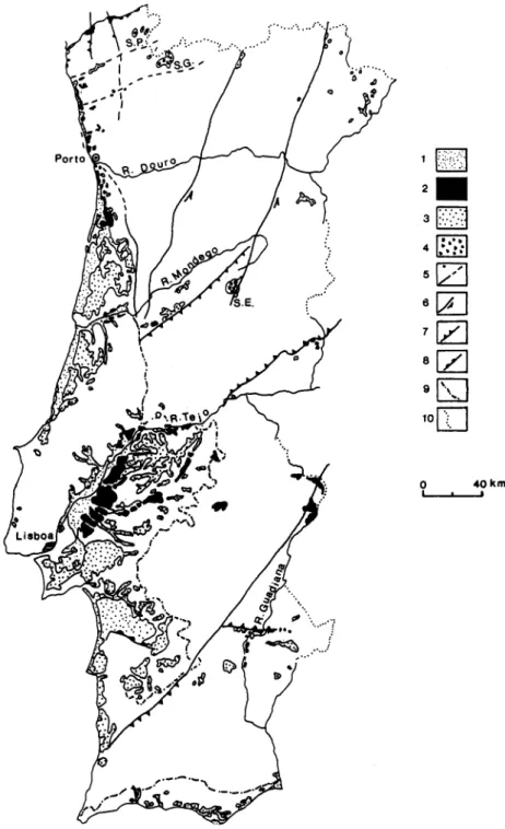 Fig. 2. Distribui~ao dos depósitos plio-plistocénicos e quaternários em Portugal (baseado em: Carta Geológica do Quaternário de Portugal, 1:1.000.000, Serve Geol