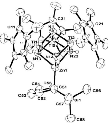 Figure 2.  Perspective  view  of  [{(Me 3 Si)H 4 C 5 }Zn{( 3 -N)( 3 -NH) 2 Ti 3 ( 5 -C 5 Me 5 ) 3 ( 3 -N)}] (8)  with thermal ellipsoids at the 50% probability level
