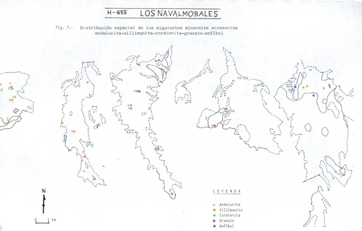 Fig. 7.- Distribución espacial de los siguientes minerales accesorios andalucita-sillimanita-cordierita-granate-anfíbol &#34;les  -----------C::1 1 E Y E N D A Andalucita Sillimanita o Cordierita 4 Granate