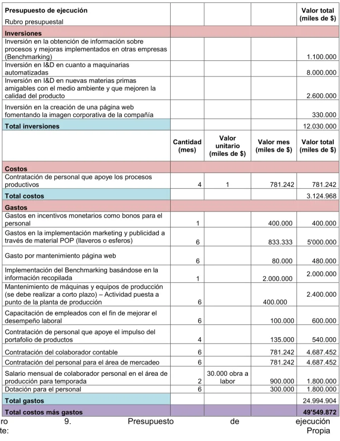 Cuadro  9.  Presupuesto  de  ejecución  