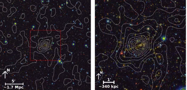 Figure 1. Subaru BVR c I c z  composite color images centered on the galaxy cluster MACS1206 (z = 0.439), overlaid with mass contours from our joint strong- and weak-lensing analysis (SaWLens) of HST and Subaru observations