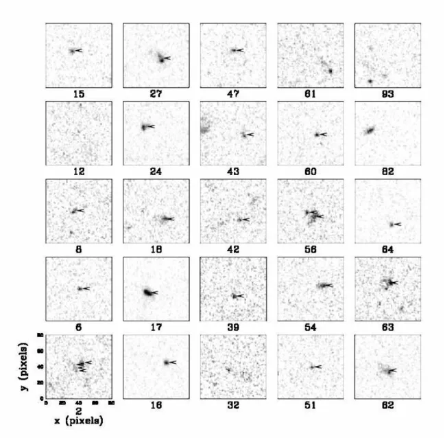 Fig. 1.— Cutouts of z = 2.1 LAEs extracted from the GEMS survey images. We mark components (SExtractor detections within 0