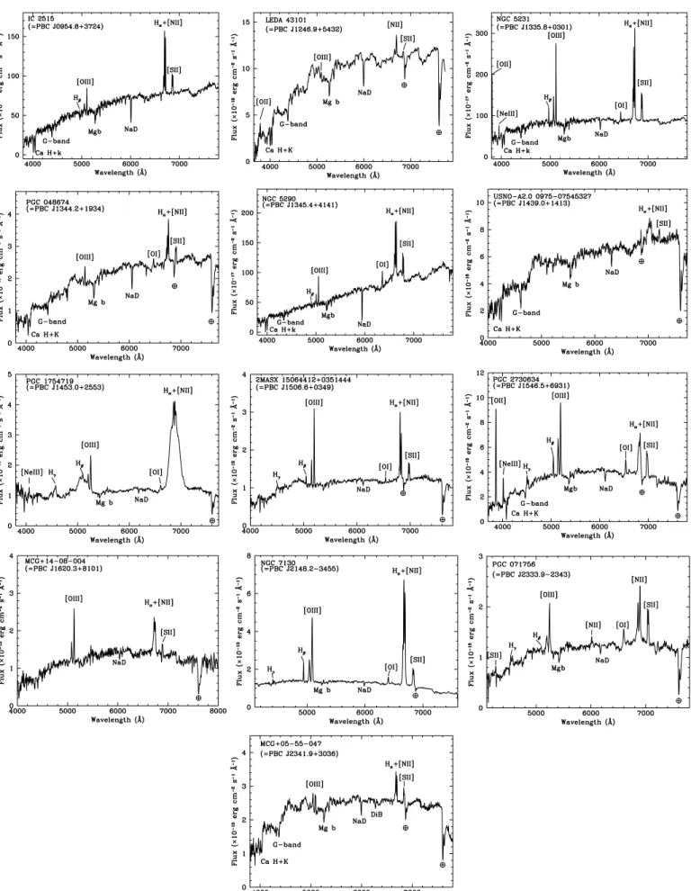 Fig. 3. Spectra (not corrected for the intervening galactic absorption) of the optical counterpart of PBC J0954.8 +3724, PBC J1246.5+5432, PBC J1335.8 +0301, PBC J1344.2+1934, PBC J1345.4+4141, PBC J1439.0+1413, PBC J1453.0+2553, PBC J1506.6+0349, PBC J154
