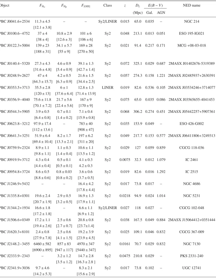 Table 7. Main results obtained from the analysis of the optical spectra of the 21 type 2 AGN.