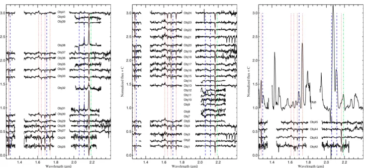 Fig. 4. Spectra of the stars in the area of the clusters Danks 1 (left), Danks 2 (middle) and DBS 132 (right)