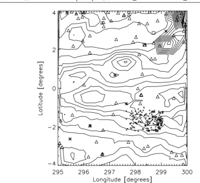 Figure 2. DIRBE/COBE emission map at 2.2 μm; each interval in the contour represents 0.5 MJy; galaxies observed by other surveys (see legend at the top) are large symbols; objects of the present work are represented by crosses in d003 tile centered at (, 