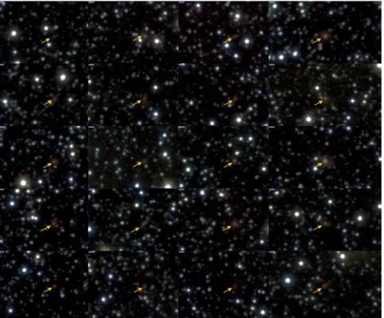 Figure 3. False-color image from J, H, &amp; K s passbands in equatorial coordinates J2000 (R.A., decl.), for 20 objects classified by us as galaxy candidates that are located in the center of each figure (yellow arrow)