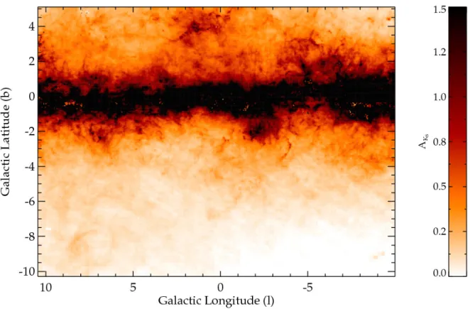 Fig. 3. Extinction map of the GB for the complete region covered by the VVV survey. The A K s values are computed from E(J − K s ) measurements assuming Cardelli et al