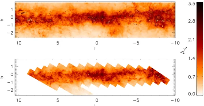 Fig. 6. The upper panel shows the inner ∼4 ◦ region around the Galactic plane of our VVV extinction map