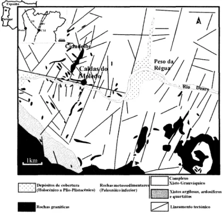 Figura 1. Esbo~o geológíco-estrutural da regían de Caldas do Moledo, Peso da Régua (adaptado de ESPINHA MARQUES el al., 2001a; base neotectóníca de CABRAL &amp; RIBEIRO, 1988).