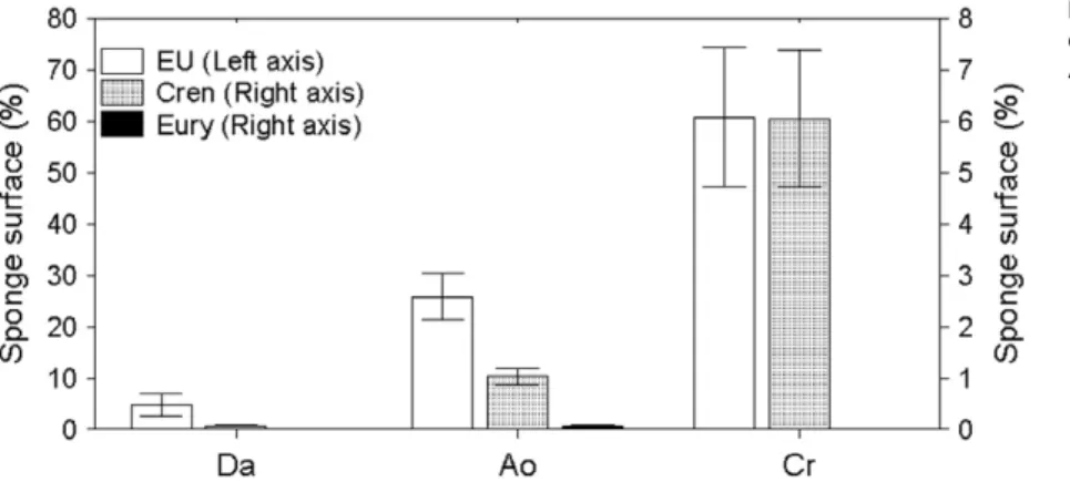 Fig. 3. Percentage of the sponge tissue occupied by different microbial populations.