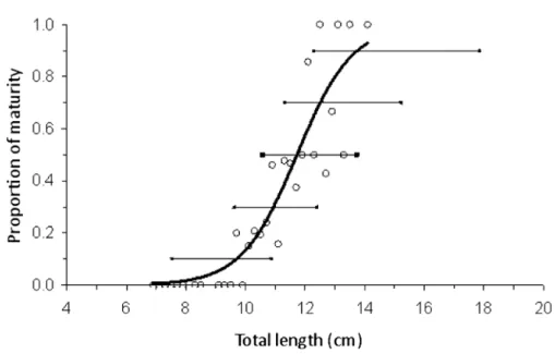Fig. 8. The proportion of mature females as a function of body length (total length) modeled with a logistic function for Heterocarpus vicarius (Faxon, 1893): the model fitted (continuous line);