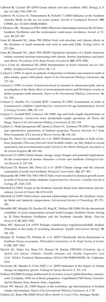 Table S1. Summary of the 10 best models for evaluating the influence of calendar year and environmental variables on the presence of dentinal anomalies in teeth from  Commer-son’s dolphins, Cephalorhynchus c