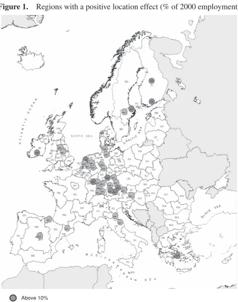 Figure 1.  Regions with a positive location effect (% of 2000 employment)