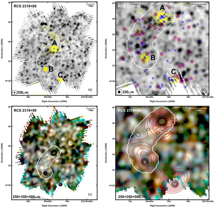 Figure 1. Herschel filament in RCS 2319+00. The white outline indicates the filamentary region defined for the analysis, spanning components A–B, and is overlaid on the 250 μm SPIRE map (panels (a) and (b)) and on an RGB composite of the 250, 350, and 500 