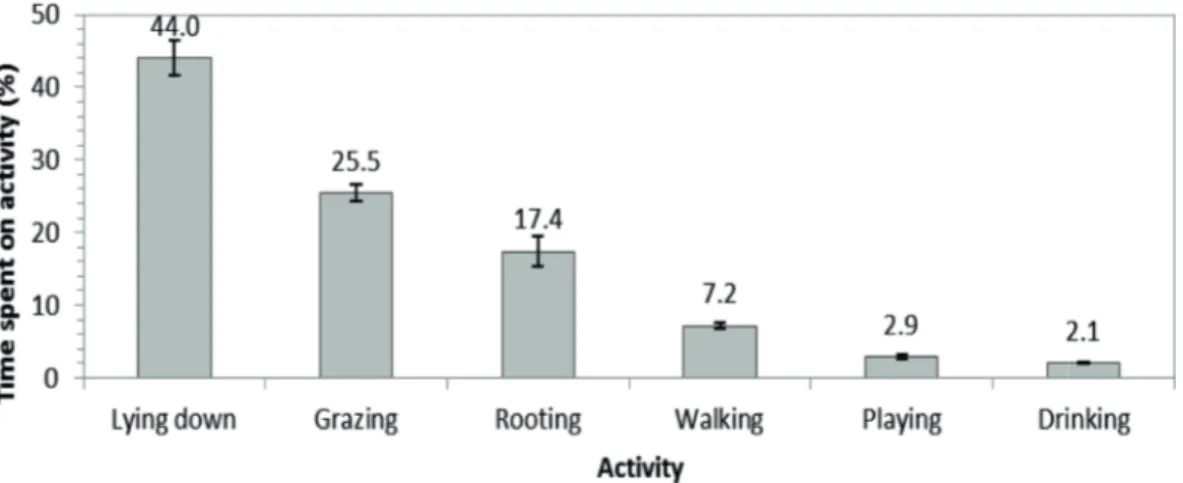 Figure 1. Percentage of time that wild boar in a grazing situation spend on different activities during an 8-hour grazing  session (mean + standard error of the mean, n=35).
