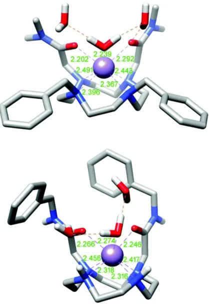 Fig. 5. Structures of the [Mn(1,4-BzDO2AM)(H 2 O)] 2+ ·2H 2 O (top) and [Mn(1,4-DO2AMBz)(H 2 O)] 2+ ·2H 2 O   (bottom) systems obtained with DFT calculations (M062X/TZVP)