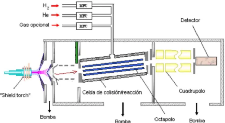 Figura 2. Esquema de un equipo ICP-MS con analizador de cuadrupolo equipado con una celda  de colisión 32 