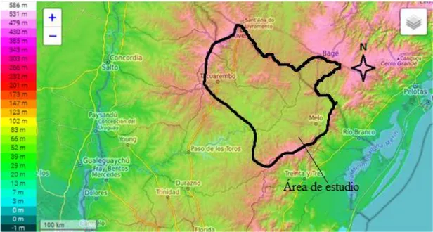 Figura 2: Alturas topográficas en la región de la cuenca. Adaptado de http://es-es.topographic-map.com 