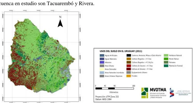Figura 4: Cobertura del suelo en Uruguay. Tomado de Cambio de uso de suelo y degradación de ecosistemas naturales, MVOTMA,  2016