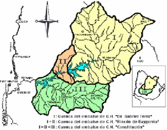 Figura 5: Área que sirve a cada una de las presas del Río Negro. Tomado de Aprovechamiento hidroeléctrico del Río Negro, UTE,  2008