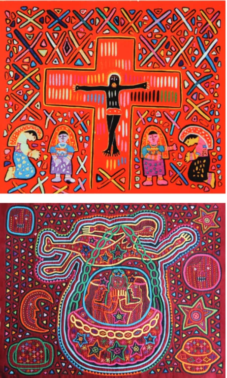Figura 5.	(i)	Cristo	rodeado	de	mujeres	kunas,	y	(ii)	mola	que	narra	la	llegada	de	las	primeras	mujeres	 kunas	a	la	tierra.