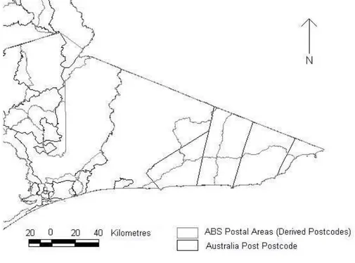 Figure 1. Illustration of two non-coterminous boundary systems, Australia Post Postcode and  ABS Postal Areas (Derived  