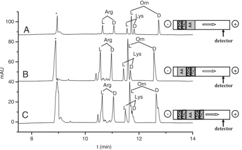 Figure 3 shows the electropherograms obtained when pre-capillary and in-capillary derivatization  proce-dures, using the same injection time for analytes (6 s for the amino acids mixture), were performed
