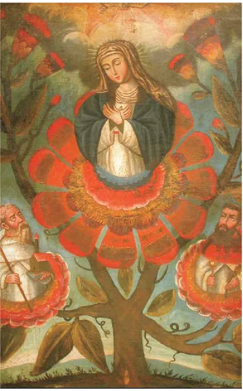 FIGURA 7. Virgen de la Merced emergiendo de la Passiflora con santos de la orden,   anónimo cuzqueño del siglo xvIII, en Museo de la Merced, Santiago de Chile.