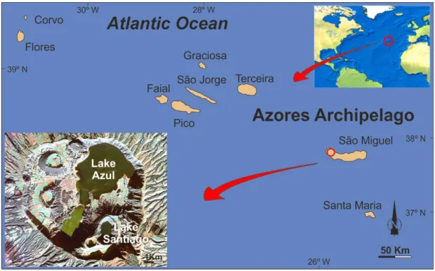 Figure 1: Location map of Sâo Miguel Island (Azores archipelago) showing Lake Azul and Lake Santiago 