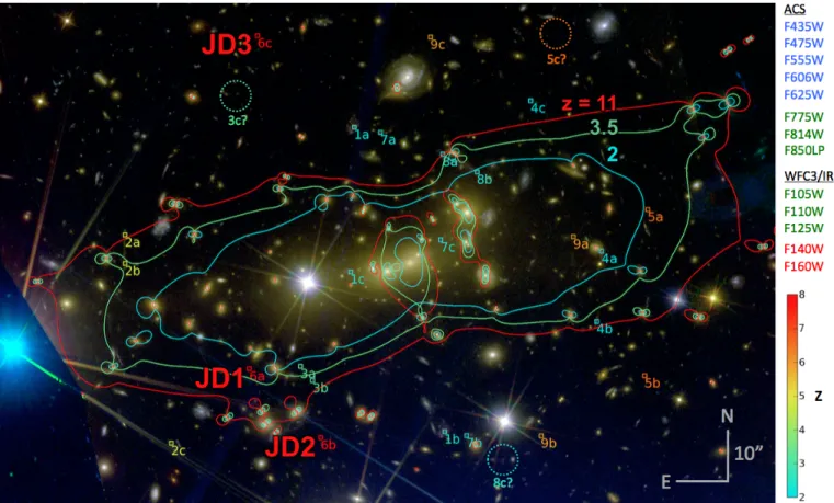 Figure 1. Lenstool strong lensing mass model of MACSJ0647.7+7015 and multiply-imaged galaxies as identified in this work using the Zitrin et al