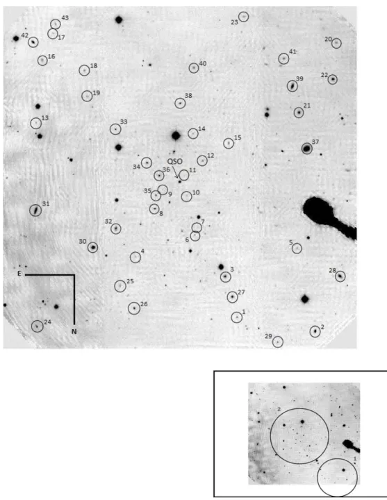 Figure 1. Top: 5.  5 × 5.  5 image of the field centered on the SDSS quasar 022300.41 + 005250.0