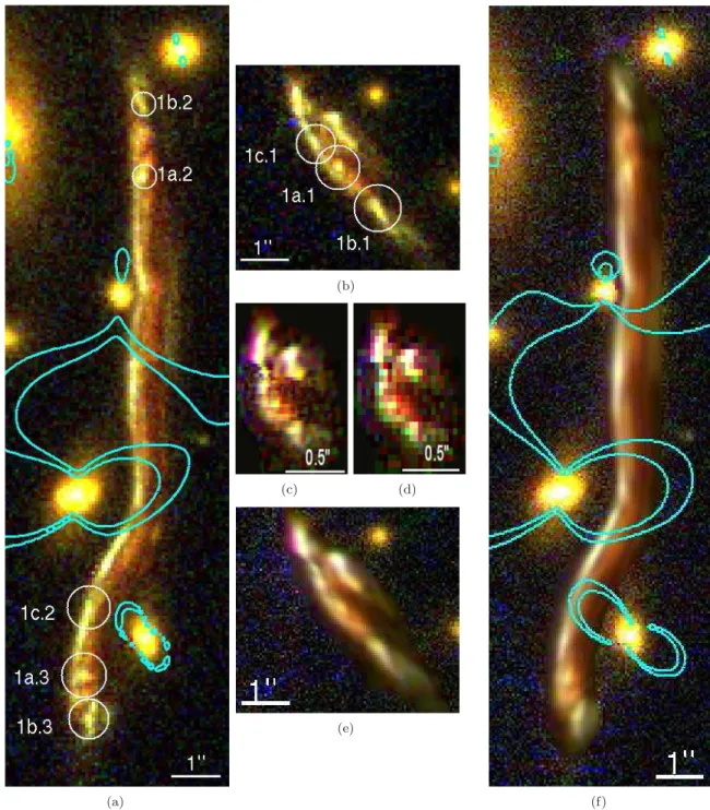 Figure 14. From left to right and top to bottom: the observed arc, the observed counterimage, the reconstructed source with different resolutions, the model counterimage, and the model arc
