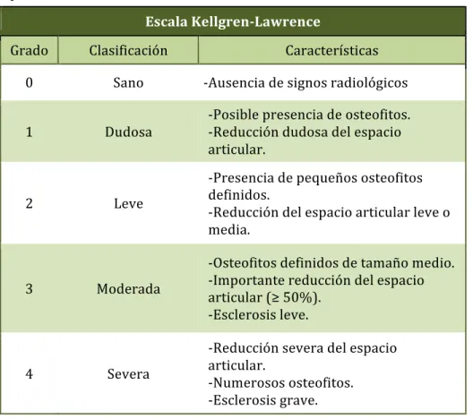 Tabla	
  2:	
  Escala	
  radiológica	
  Kellgren-­‐Lawrence	
  para	
  la	
  clasificación	
  de	
   pacientes	
  artrósicos	
  