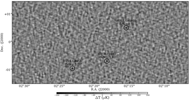 Figure 3 . Section of the 148 GHz map (covering 18.7 deg 2 ) match-filtered with a GNFW profile of scale θ 500 = 5