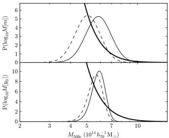 Figure 8. Example probability distributions for cluster mass (upper panel) and SZ signal strength parametrized as a mass according to equation (3.4) (lower panel)