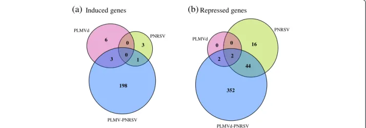 Figure 4 Venn diagrams displaying the overlap in differentially regulated genes upon single or double infection with PLMVd or PNRSV