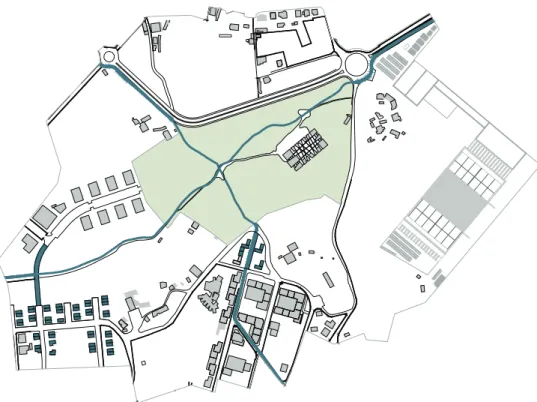 Figura 43. Esquema de situación en horizonte 2050 con las tramas propuestas  completadas y con las edificaciones previstas por el Plan director ejecutadas.