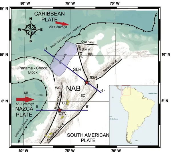 Figura 6.Mapa tectónico de Colombia con las principales fallas y ubicación de nidos sísmicos