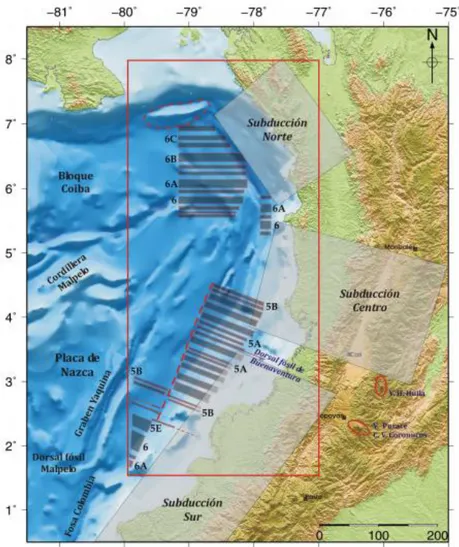 Figura 10. Mapa tectónico de la zona occidental de Colombia, donde se identifican las  principales zonas de subducción y el volcanismo que se genera en la parte continental