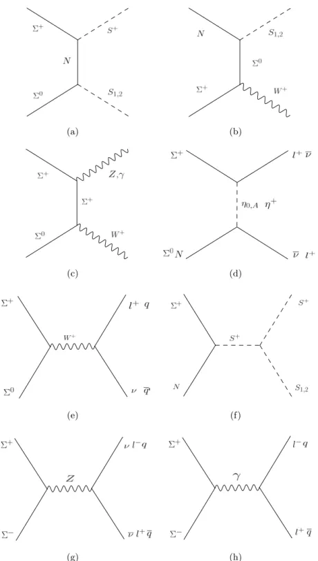 Figure 2. Σ 0 and N co-annihilation channels. Figures (g) and (h) correspond to the processes involved in the Σ ± abundace.